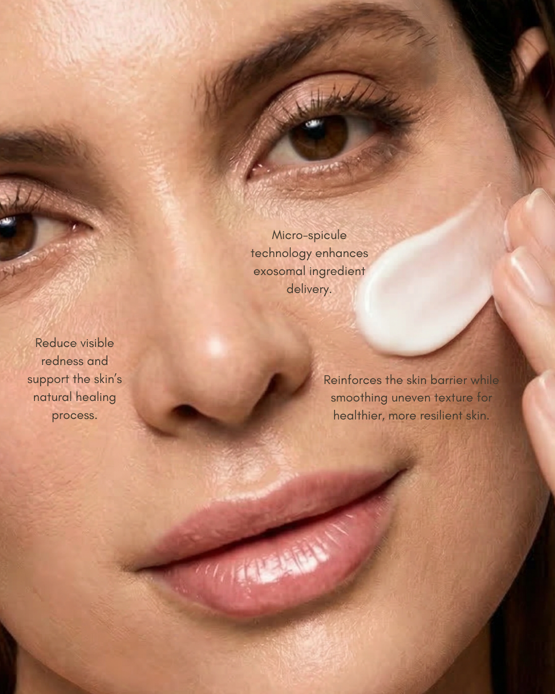 Woman applying Exo Cical Spicule Activation cream to her face with text about skincare benefits.