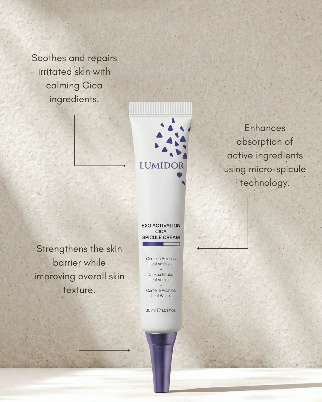 Lumidor Cica Spicule Cream tube with text on a beige background