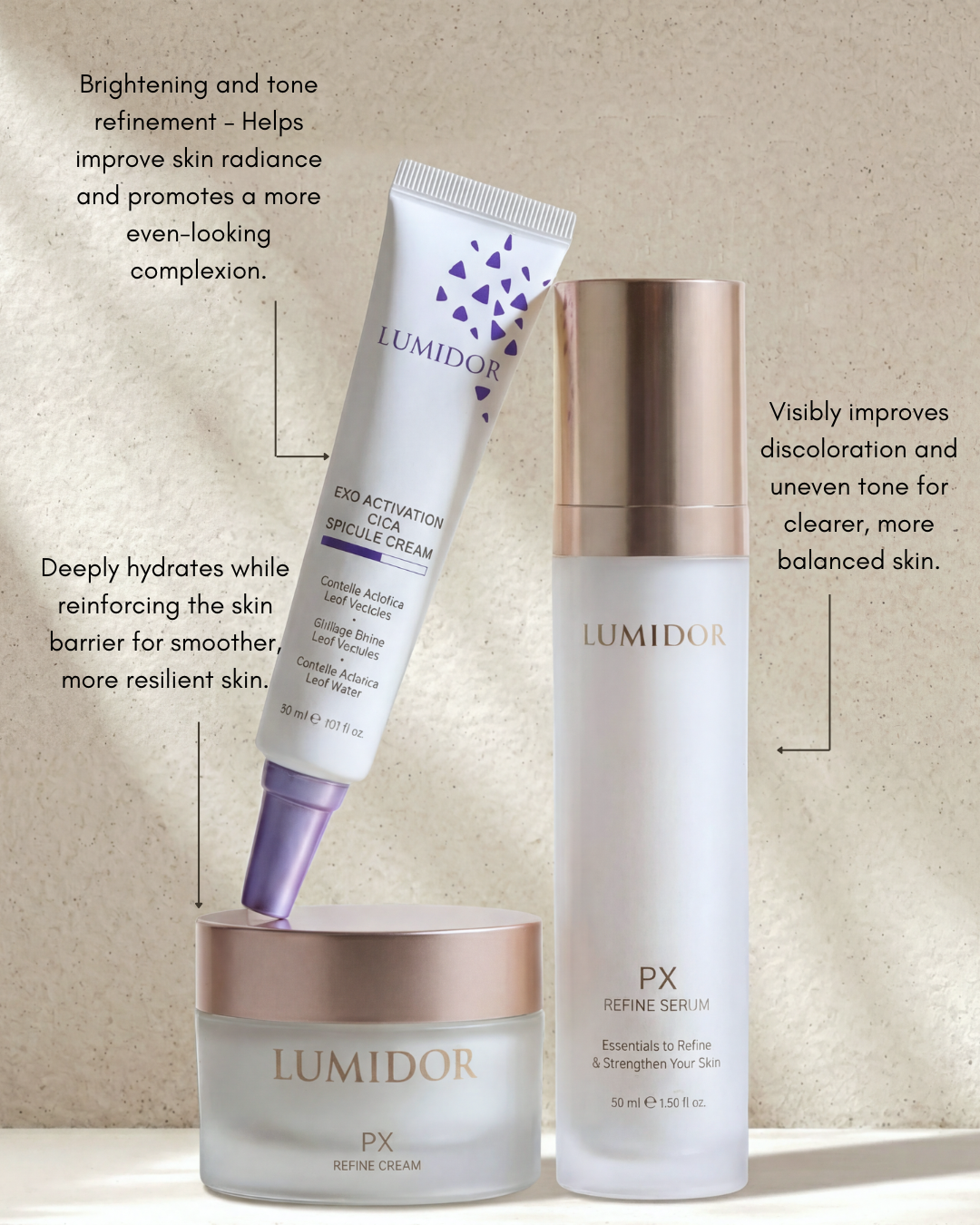 Lumidor skincare products on a beige background with text about product benefits.