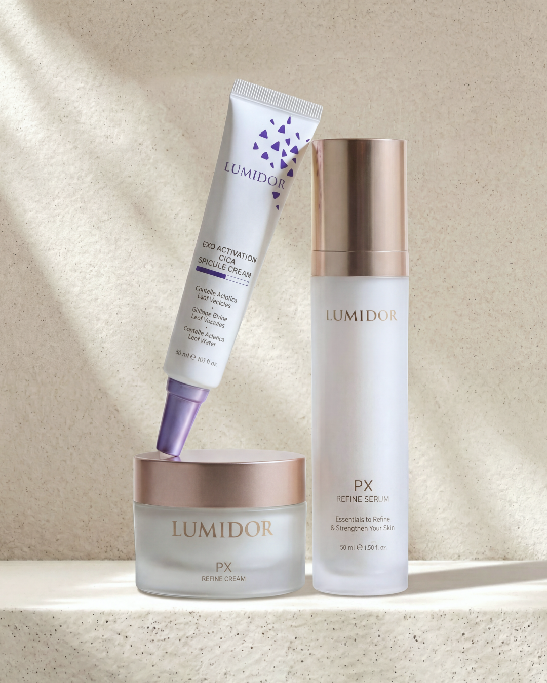 Lumidor skincare products on a neutral background