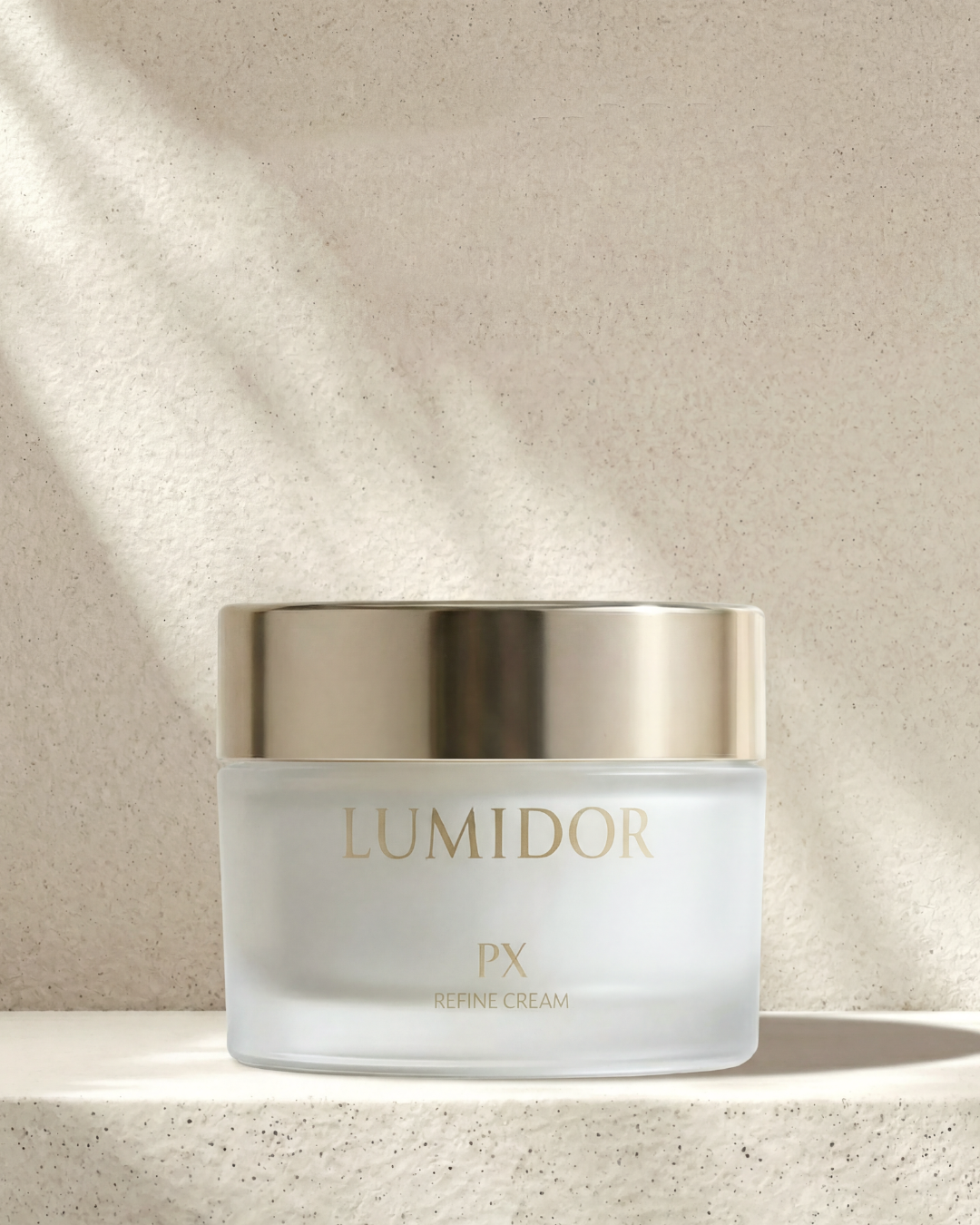 Lumidor PX cream jar on a beige background