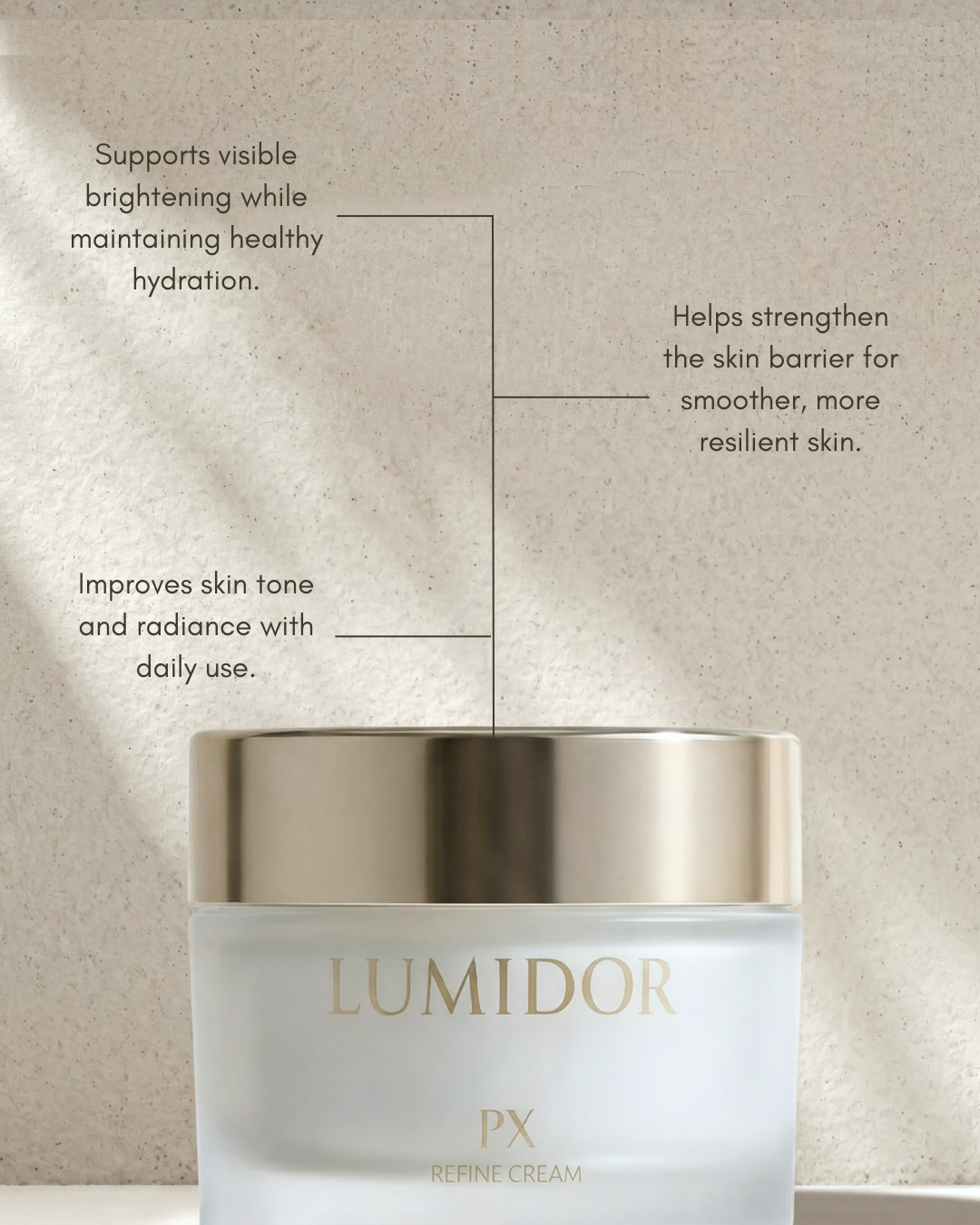 Lumidor PX refine cream jar with text on a beige background