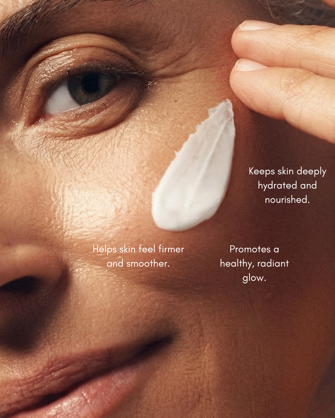 Close-up of a woman's face with a skincare product applied, text highlighting benefits.