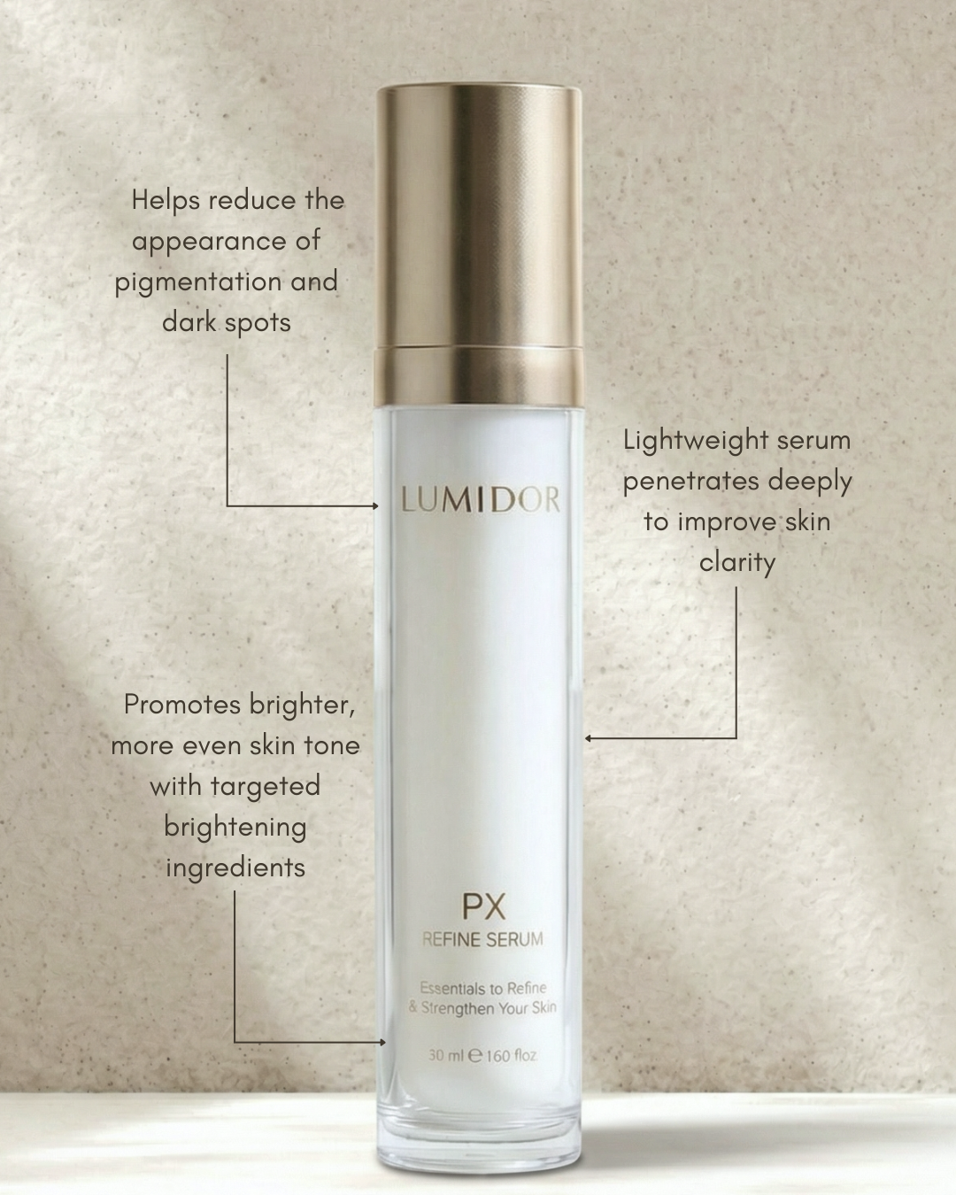 Lumador PX Serum bottle with text on a textured beige background