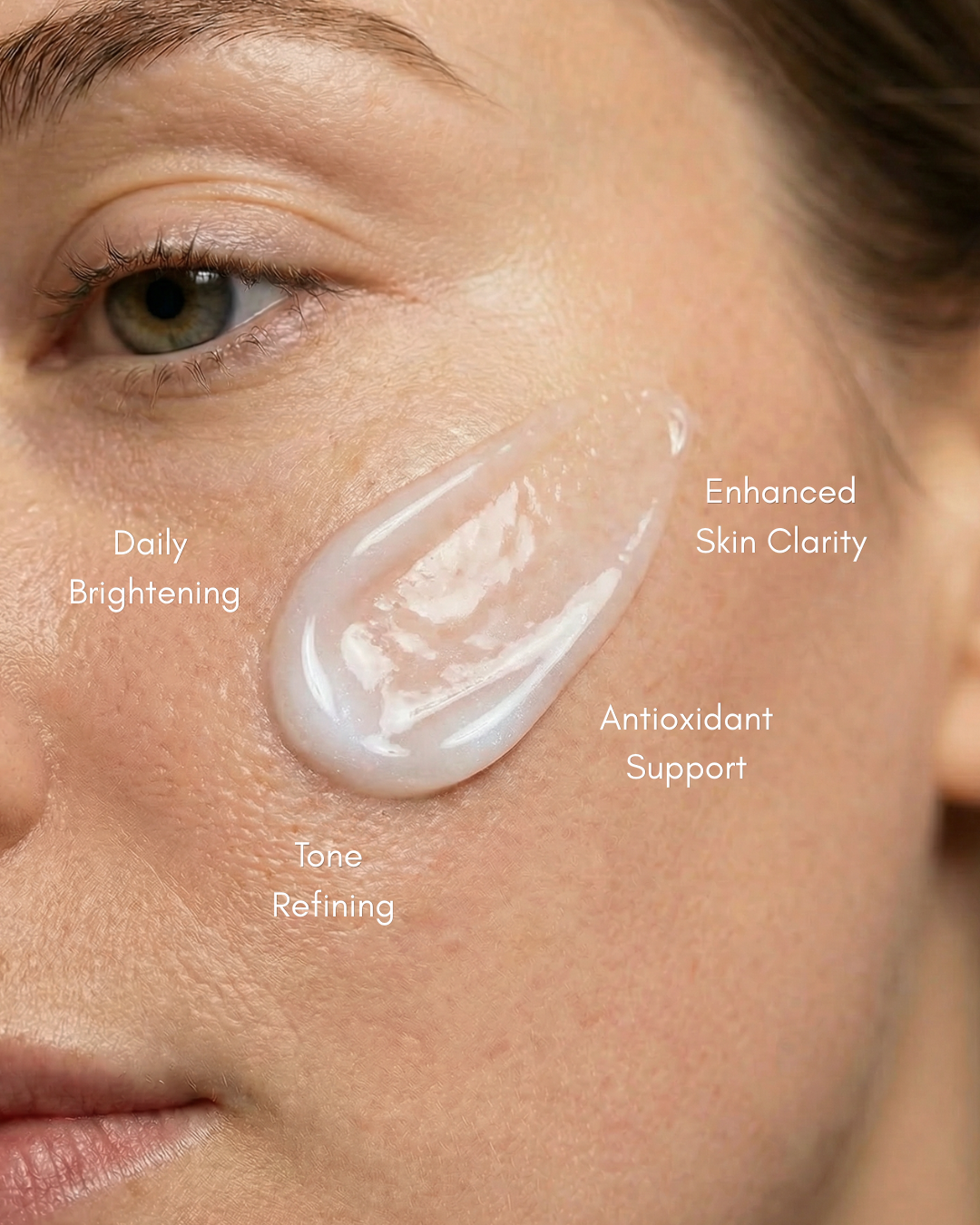 Close-up of a woman's face with skincare product application, labeled for Lumidor PX Serum benefits.