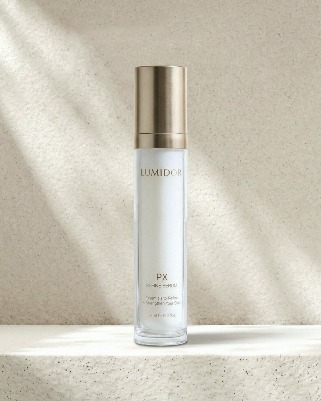 Lumador PX serum bottle on a textured beige background