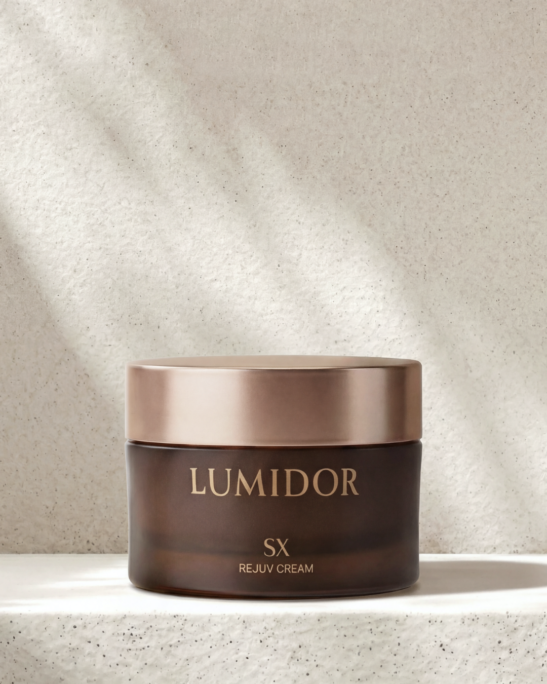 Lumidor SX Rejuv Cream jar on a textured beige background