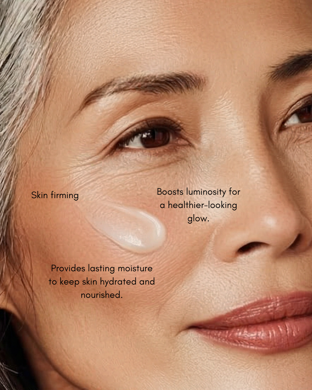Close-up of a woman's face with skincare product application, highlighting benefits like skin firming and hydration.