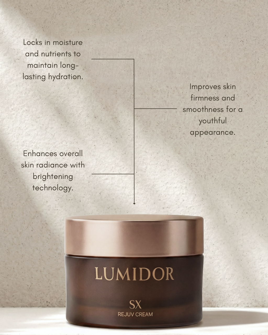Lumidor SX Rejuv Cream jar with text on a textured beige background