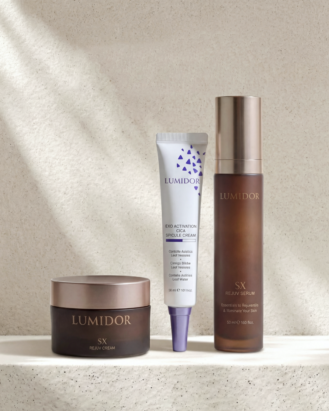 Lumidor skincare products on a textured surface with a neutral background