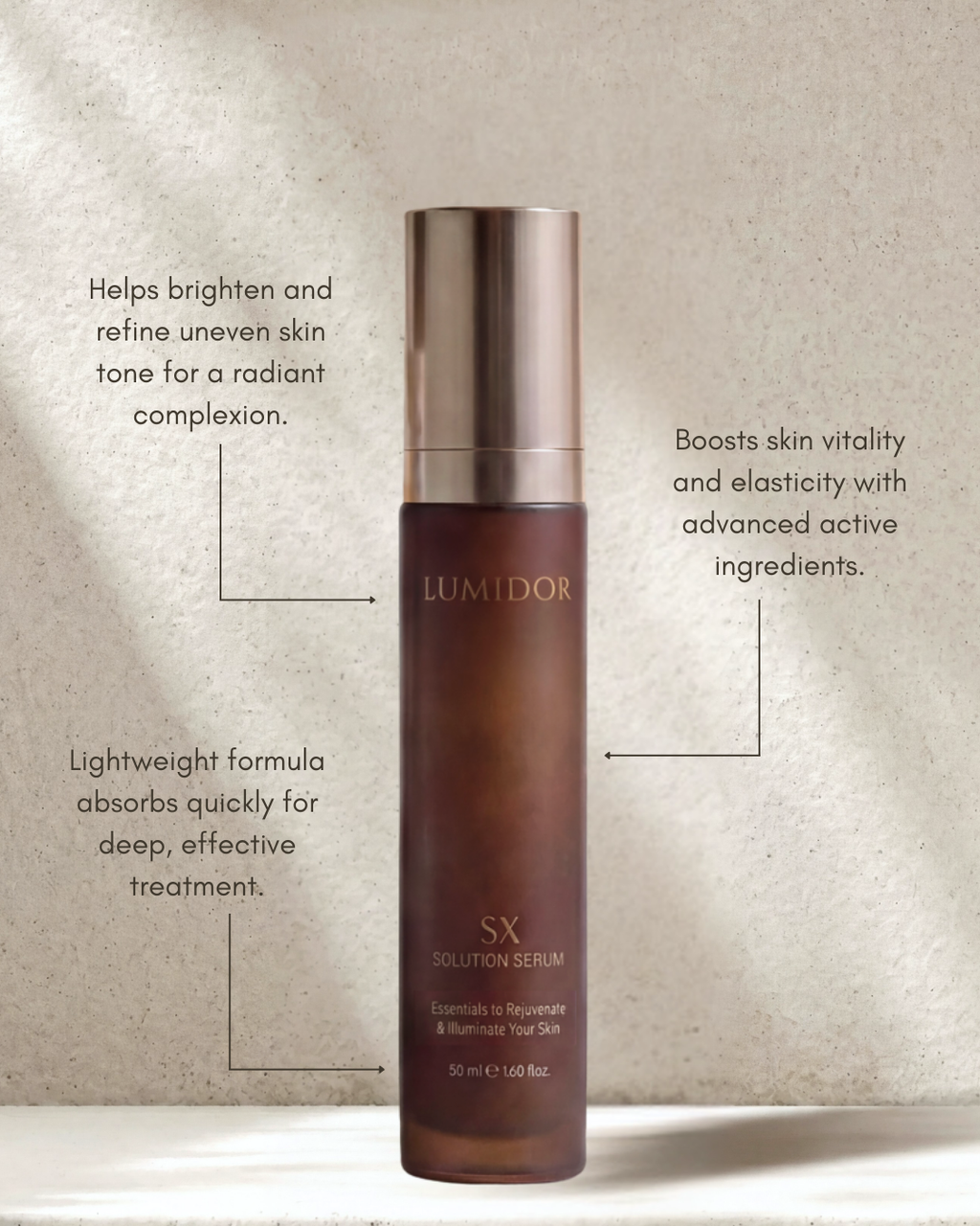Dark Brown bottle of Lumidor SX Solution Serum, 50ml, with product benefits- Youth Skin RX Medspa, Tulsa Oklahoma 