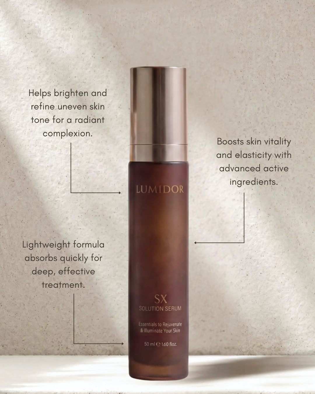 Dark Brown bottle of Lumidor SX Solution Serum, 50ml, with product benefits- Youth Skin RX Medspa, Tulsa Oklahoma 