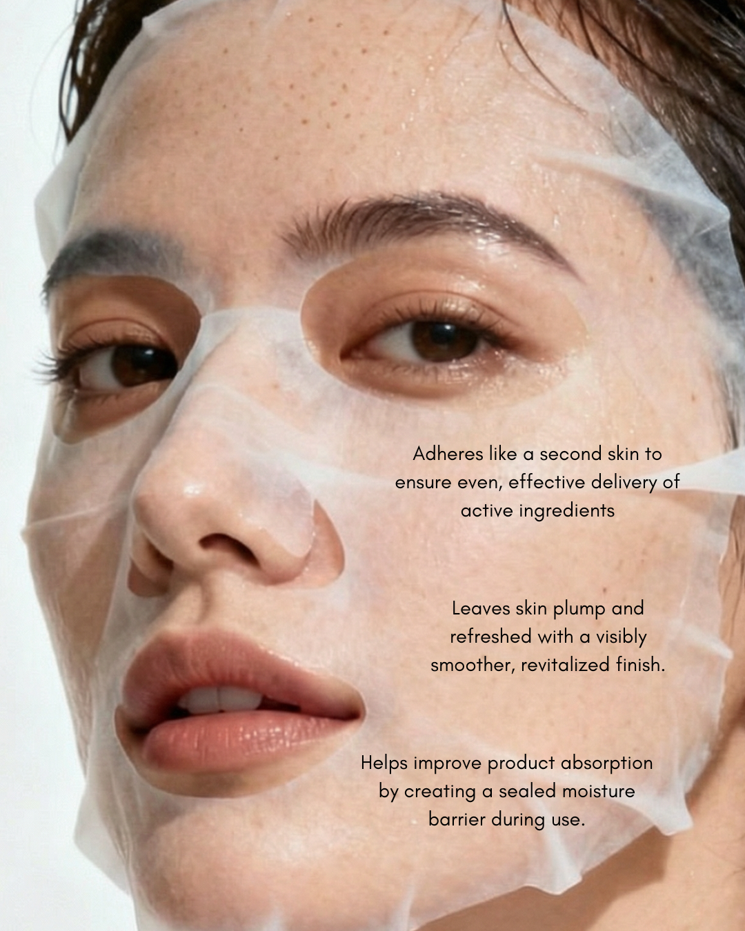 Person wearing a face mask with text about its benefits