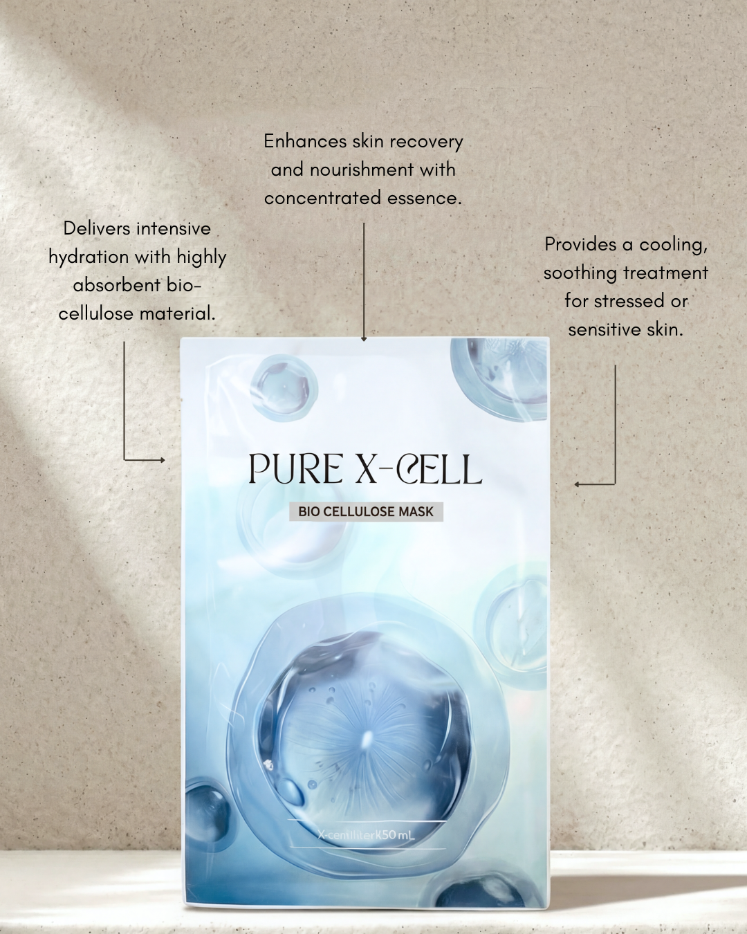 PURE X-CELL bio cellulose mask packaging with text on a beige background