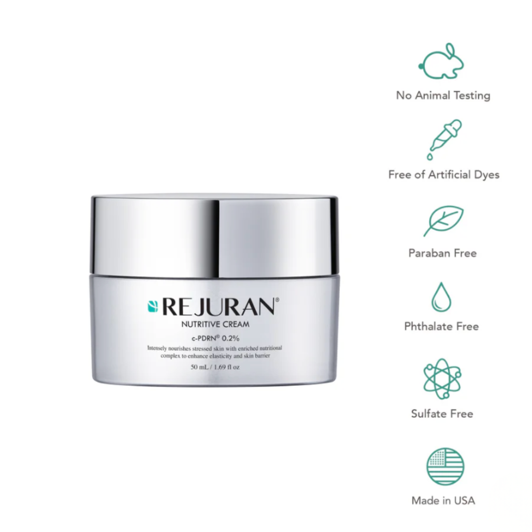 Rejuran Nutritive Cream jar with green icons and text on a white background