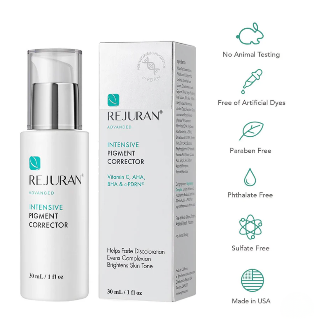 Rejuran Intensive Pigment Corrector  with packaging and features listed on a white background