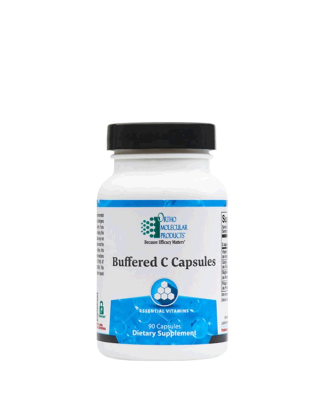 A white bottle of Ortho Molecular Buffered C Capsules with a black cap and blue label accents, shown on a plain white background.
