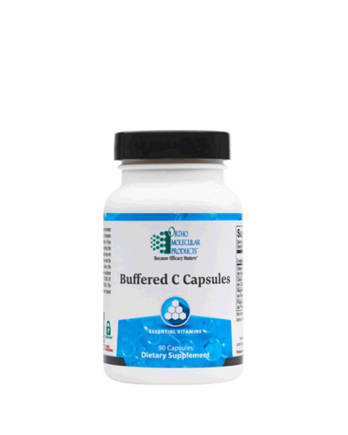 A white bottle of Ortho Molecular Buffered C Capsules with a black cap and blue label accents, shown on a plain white background.
