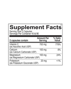 A black and white Supplement Facts label showing nutritional information for a dietary supplement, including Vitamin C, Calcium, Magnesium, and Potassium amounts and daily value percentages.