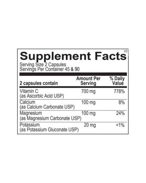 A black and white Supplement Facts label showing nutritional information for a dietary supplement, including Vitamin C, Calcium, Magnesium, and Potassium amounts and daily value percentages.