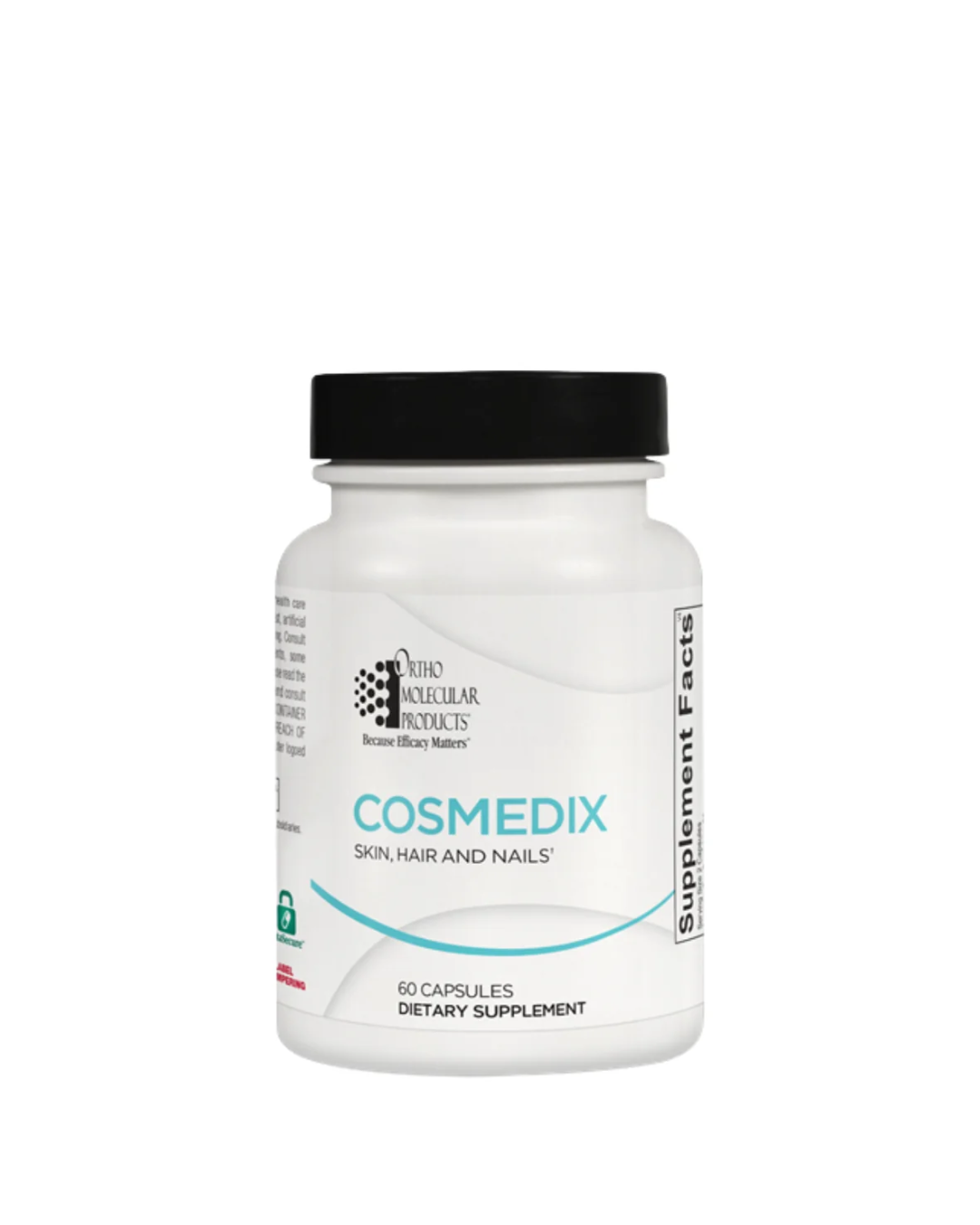 A white bottle of Ortho Molecular Cosmedix Skin, Hair and Nails supplement with a black cap, shown on a plain white background.