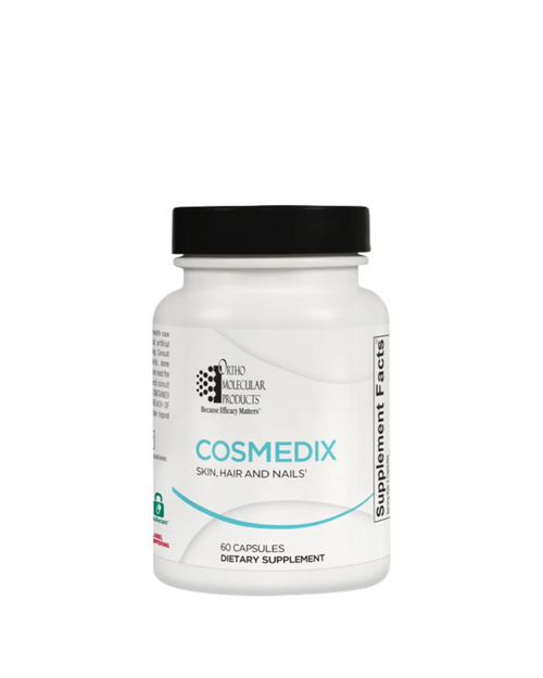 A white bottle of Ortho Molecular Cosmedix Skin, Hair and Nails supplement with a black cap, shown on a plain white background.