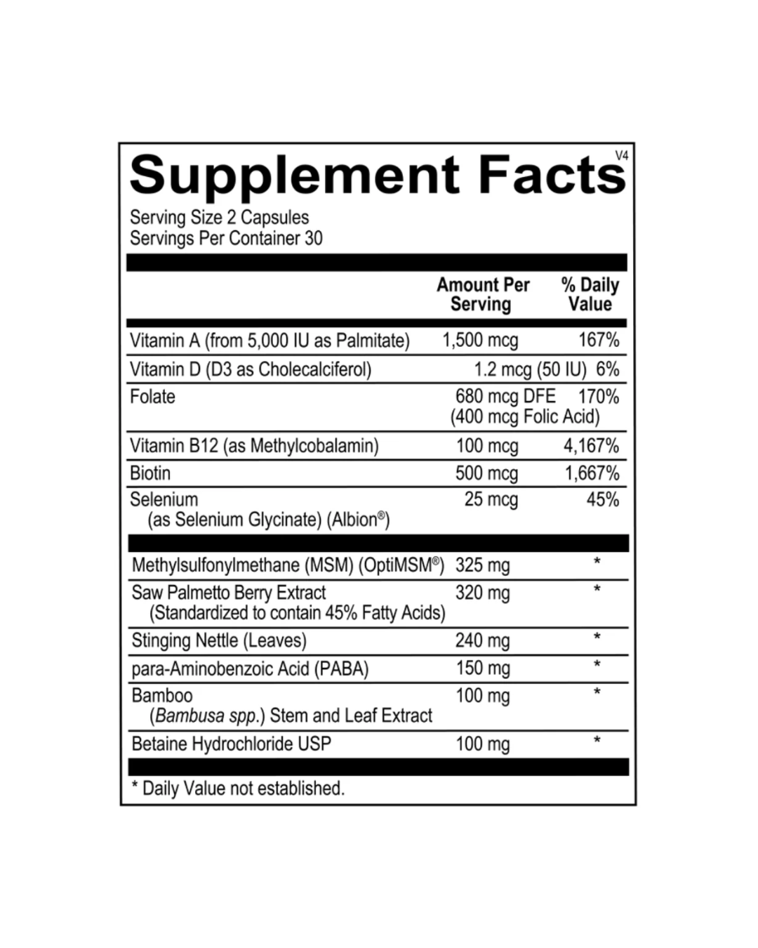 A black and white Supplement Facts label showing nutritional information for Cosmedix, including Vitamin A, Vitamin D, Folate, Vitamin B12, Biotin, Selenium, MSM, Saw Palmetto, and other ingredient amounts and daily value percentages.