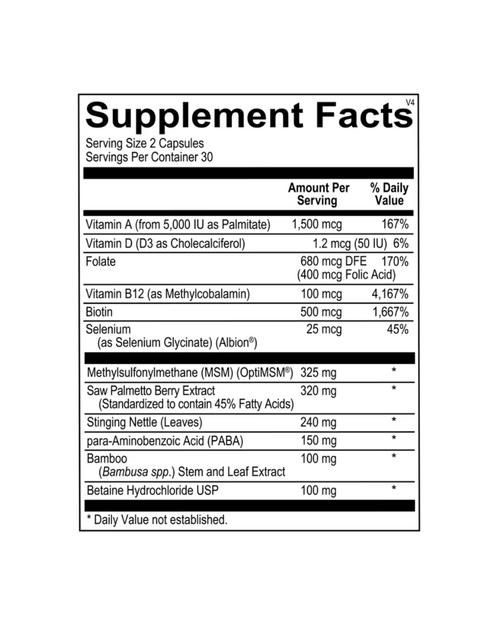 A black and white Supplement Facts label showing nutritional information for Cosmedix, including Vitamin A, Vitamin D, Folate, Vitamin B12, Biotin, Selenium, MSM, Saw Palmetto, and other ingredient amounts and daily value percentages.