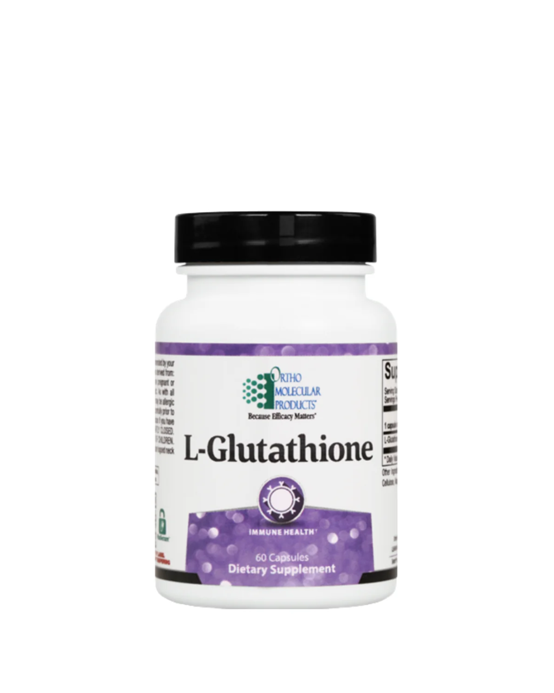 A white bottle of Ortho Molecular L-Glutathione supplement with a black cap and purple label accents, shown on a plain white background.