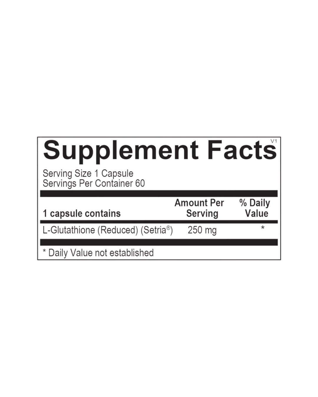 A black and white Supplement Facts label showing nutritional information for a dietary supplement, including L-Glutathione (Reduced) (Setria®) amount per serving and daily value.