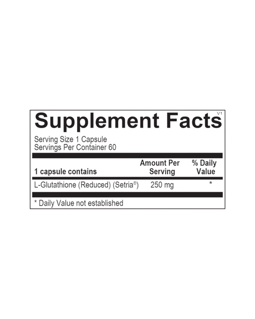 A black and white Supplement Facts label showing nutritional information for a dietary supplement, including L-Glutathione (Reduced) (Setria®) amount per serving and daily value.